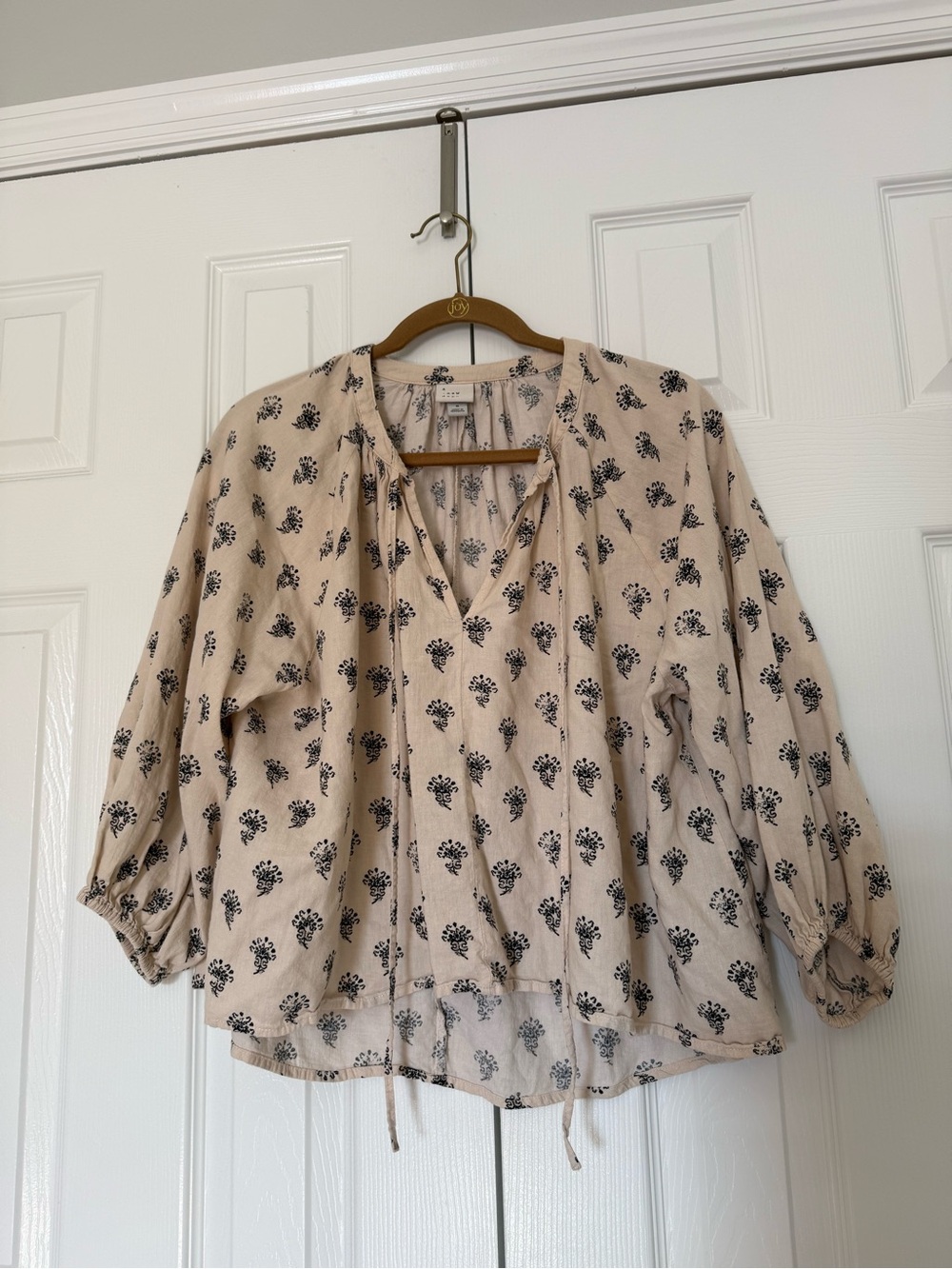 A New Day - Women's Country Floral Peasant Top - Beige with Black Print